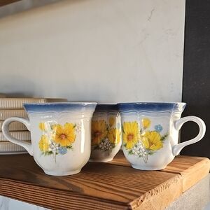 Mikasa Yellow Floral Mugs with Blue Accents